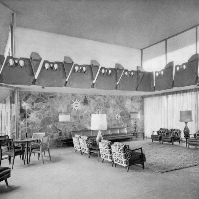 historic photo of the hotel lobby, roughly 1950s