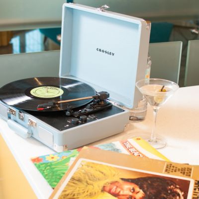 portable record player and vintage vinyl records