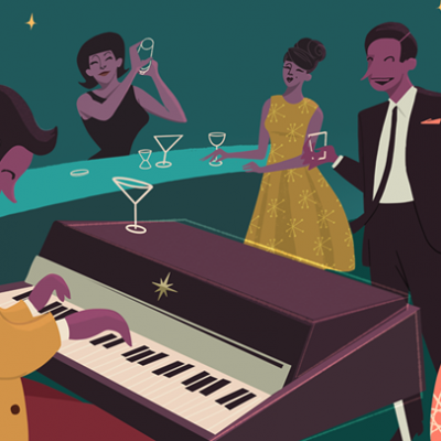 people at a cocktail party with a pianist